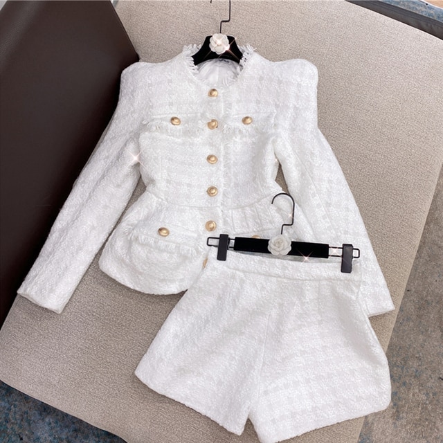 High Quality 2022 Spring New Tweed 2 Two-Piece Set Sexy O-Neck Long Sleeve Single Breasted Jacket And Pants Club Party Set