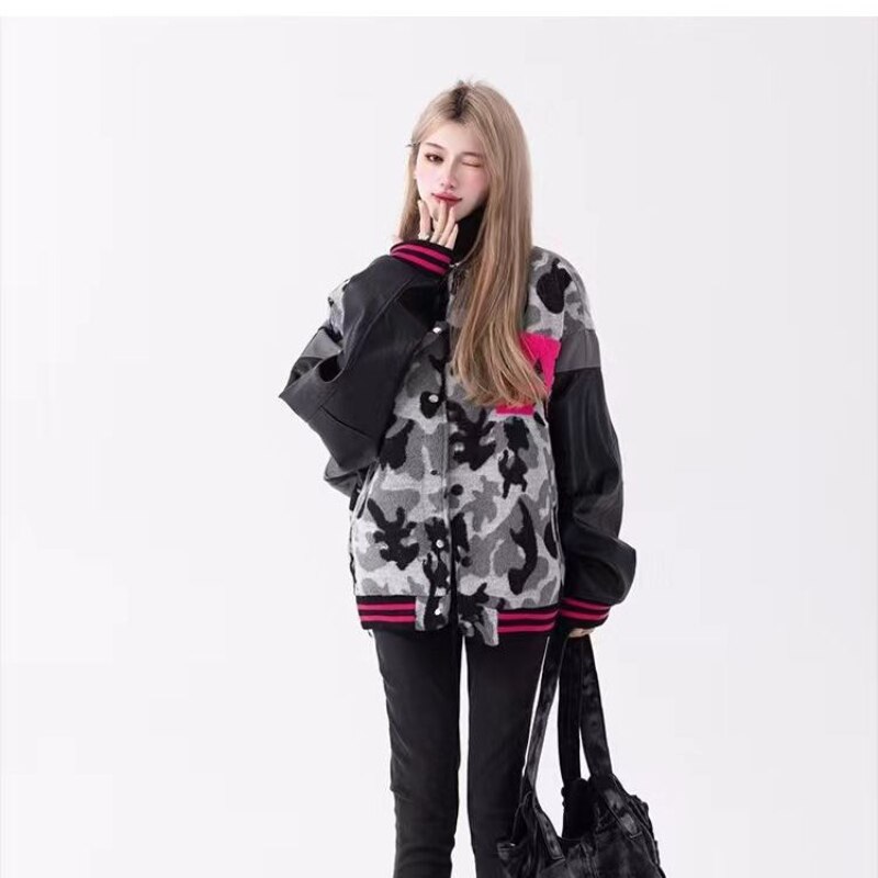 American retro camouflage baseball jacket women's 2022 new autumn and winter models Y2K tide stitching pu leather autumn jacket