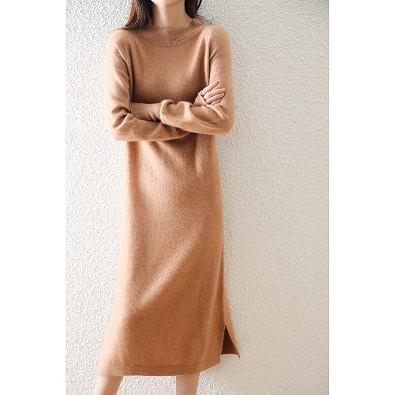 100% Pure Cashmere Knitted Women Dresses Elegante Dress Winter Soft Oneck Loose Jumpers Vestido Ladies Solid Long Sleeve Dress