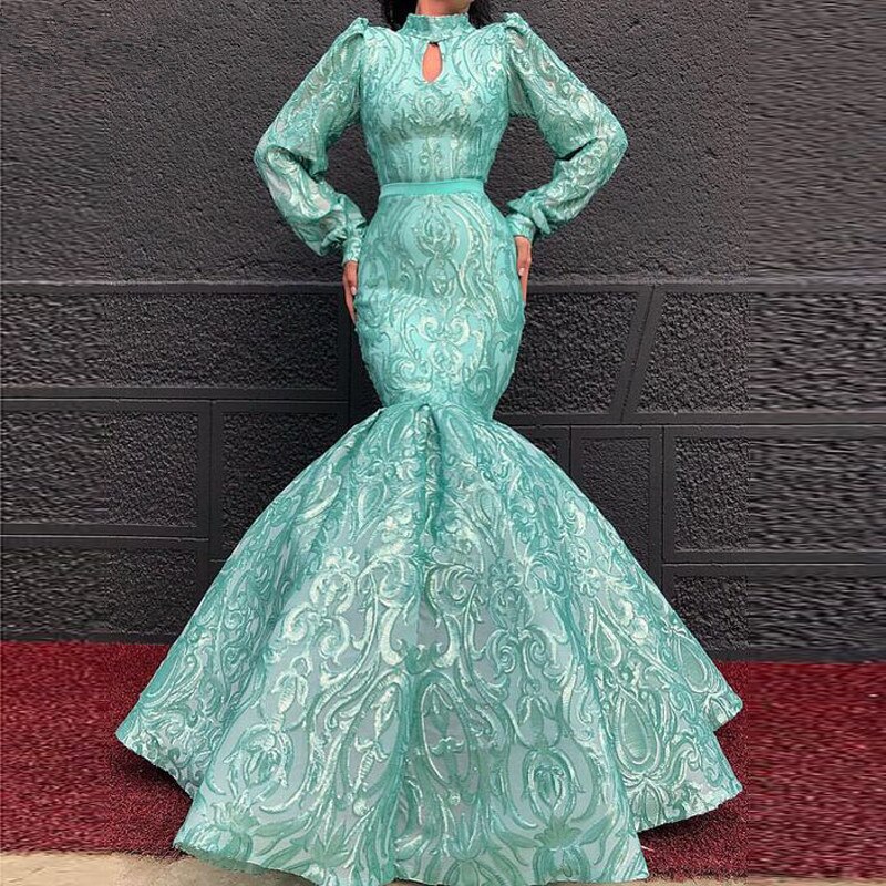 Vintage High Neck Evening Dress Long Sleeve Mermaid Full Lace Chic Prom Dresses Pageant Formal Gowns 2023 New Arrival