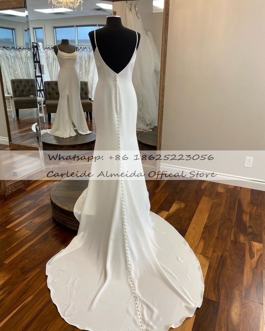 Spaghetti Straps Soft Satin Simple Wedding Dresses for Beach Side Slit Low Back Sexy Cheap Bridal Gowns for Wedding