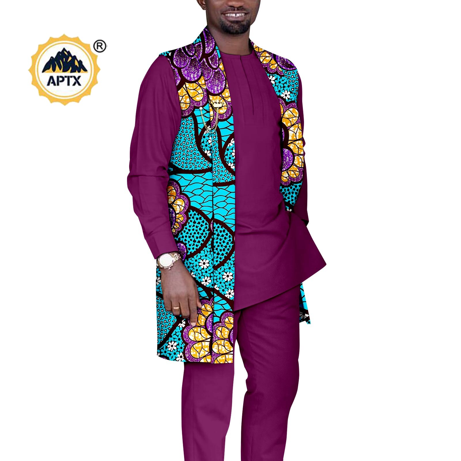 African Couples Outfits  Women Coat Long Jacket Match Men Vest + Top and Pants 3 Pieces Set With Pockets& Breastpin Y22C072