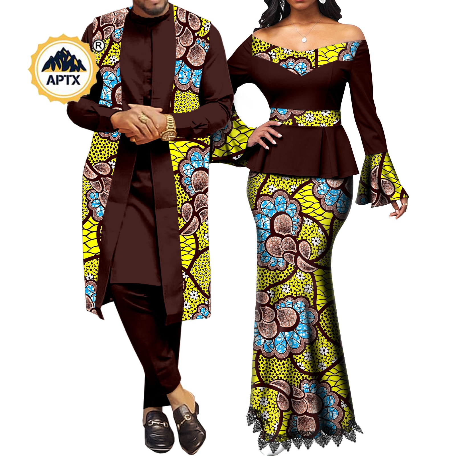 African Couple Clothes Women Print  V-neck Top and Lace Skirts Match Men Outfits Dashiki Long Vest Shirt and Pants Sets Y22C041
