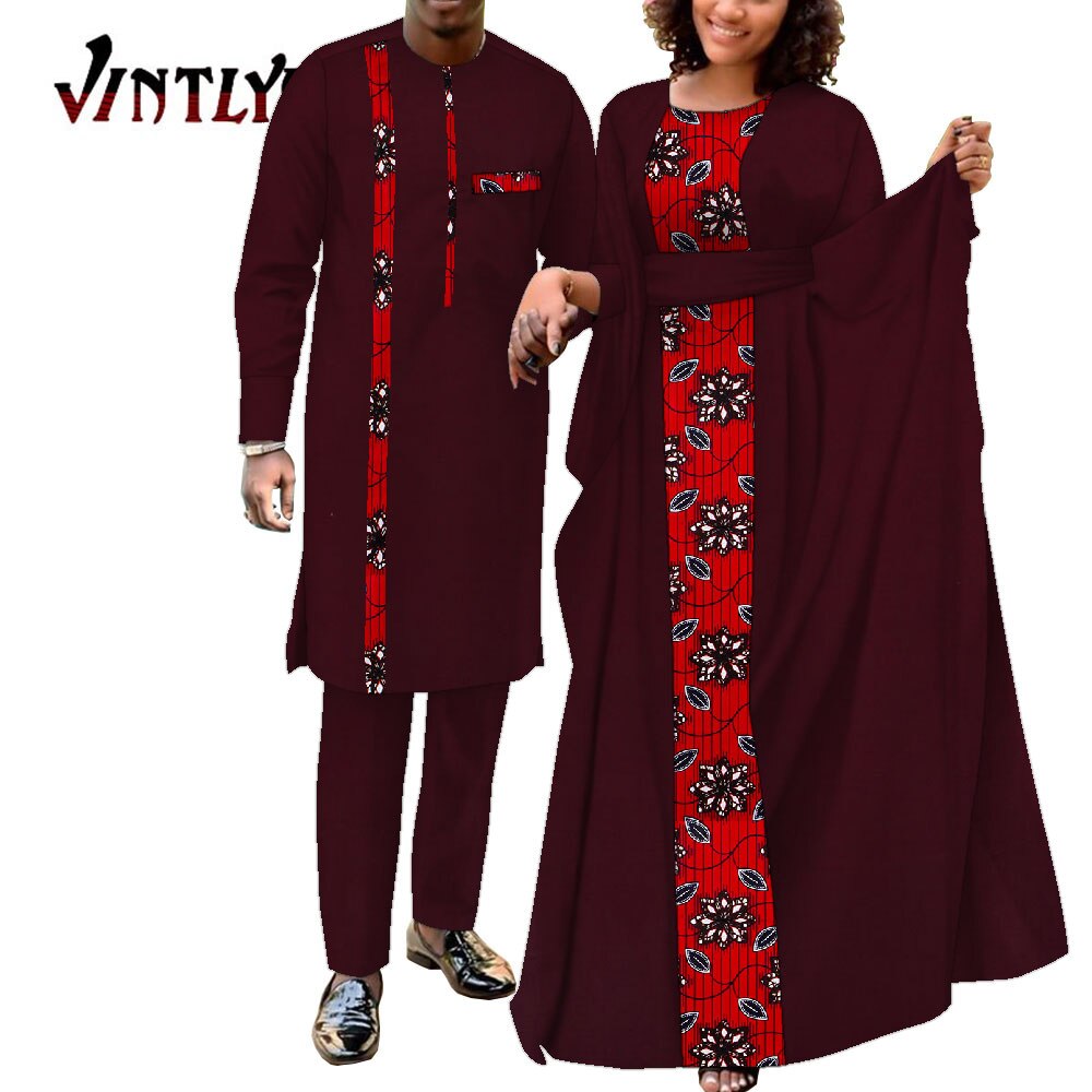2 Pcs African Dresses for Women and Dashiki Men Suits Floral Print Couple Clothes Lovers Outfit Patchwork Robe Dress Wyq949