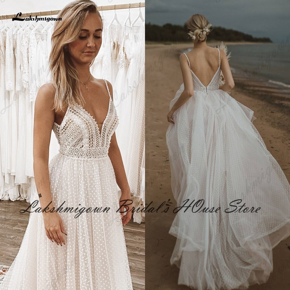 Lakshmigown Sexy Beach Wedding Dress Spaghett Straps 2022 Robe Mariee Vintage Lace Boheme Wedding Dresses Backless Pearls Beaded