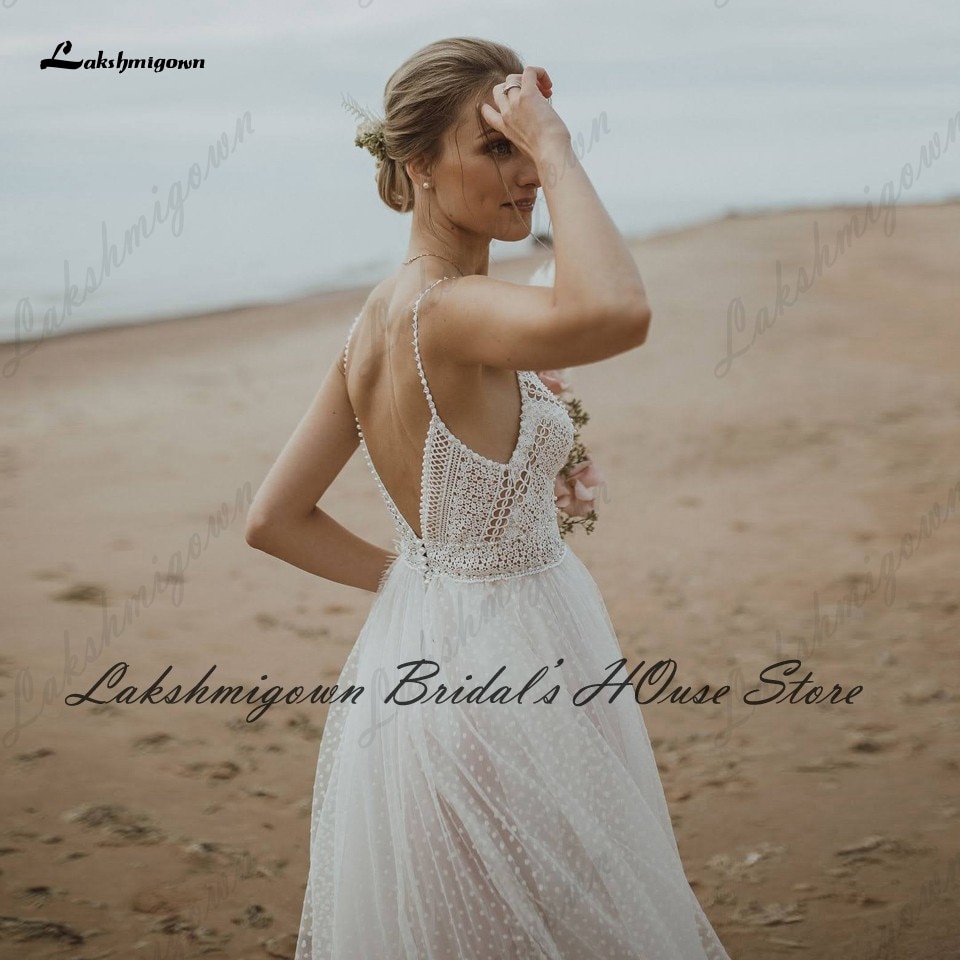 Lakshmigown Sexy Beach Wedding Dress Spaghett Straps 2022 Robe Mariee Vintage Lace Boheme Wedding Dresses Backless Pearls Beaded