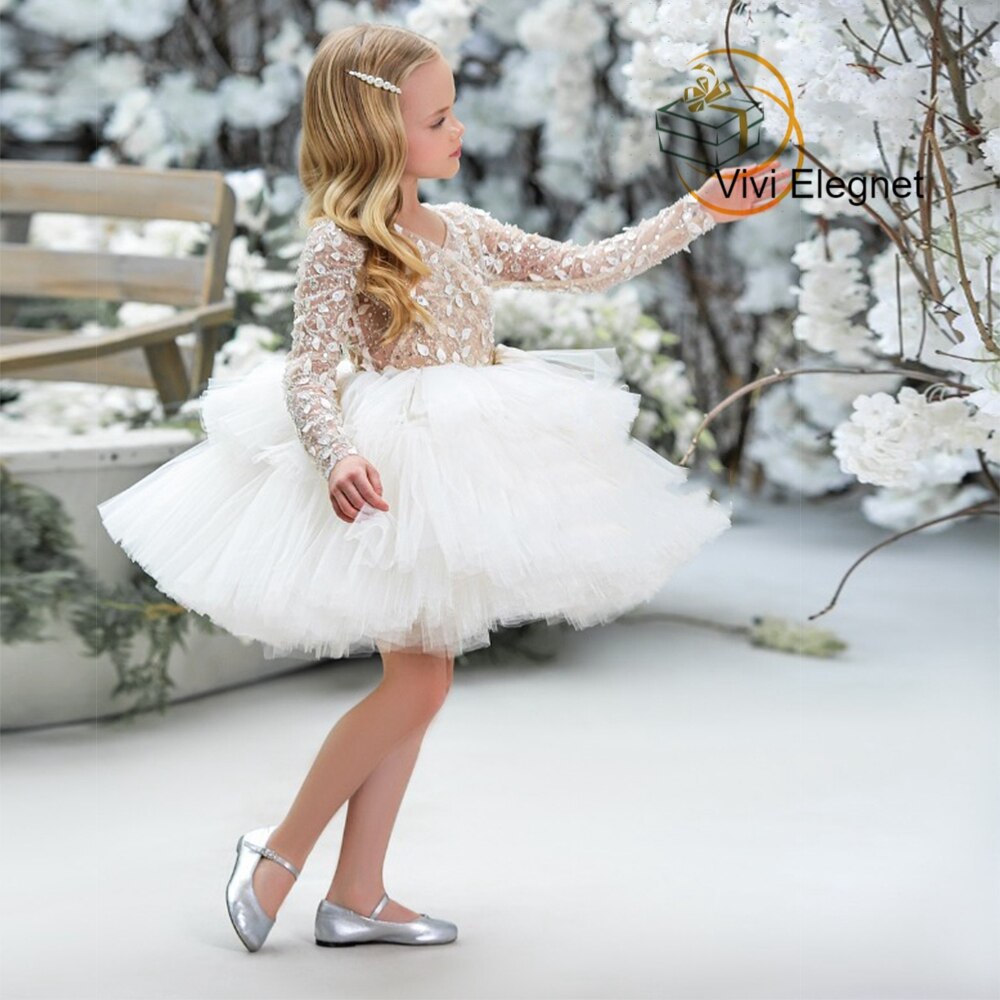 White Tutu Flower Girl Dresses for Princess Beads Full Sleeve Knee Length Child Communion Costumes 2022 Winter فساتين اطفال للعي
