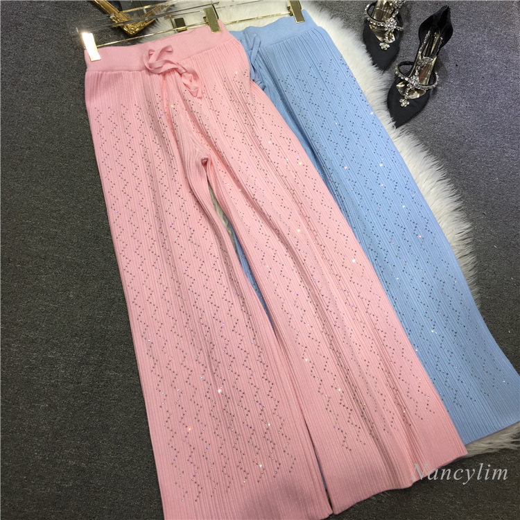 European Fashion Women's Knit Pants Heavy Embroidery Rhinestone Wide-Leg Pants Slimming Trousers High Waist Autumn Winter 2022