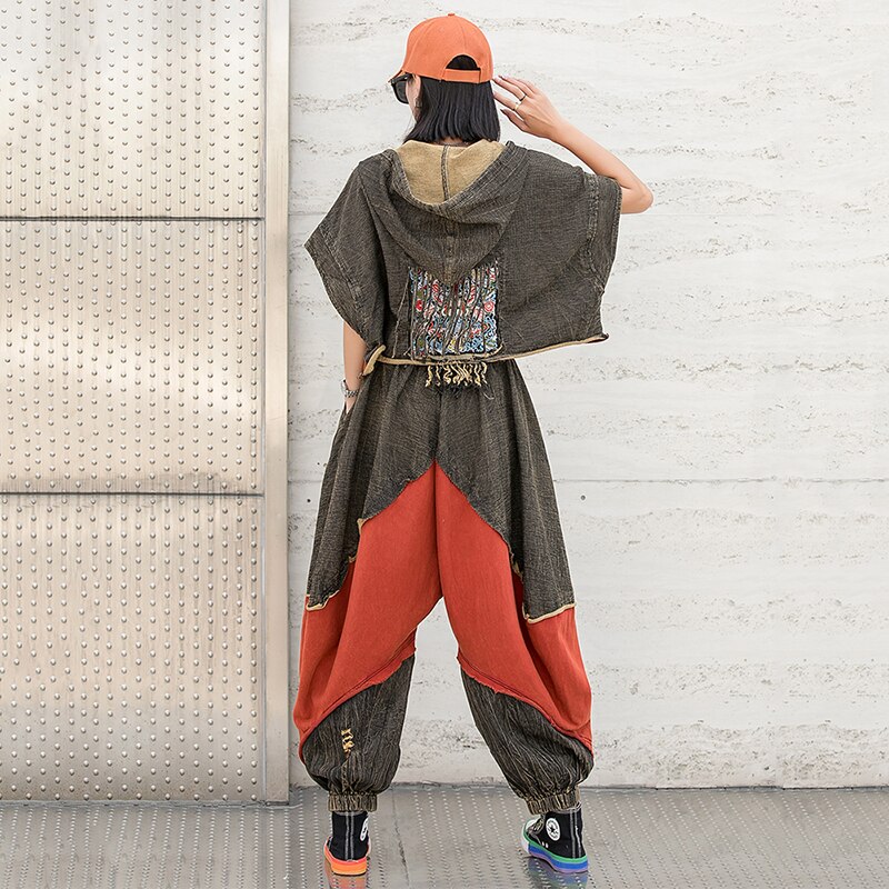 Women's Set Fashion Contrasting Color Stitching Hooded Suit 2022 Summer New Oversized Loose Personality Wide-leg Pants Two Sets