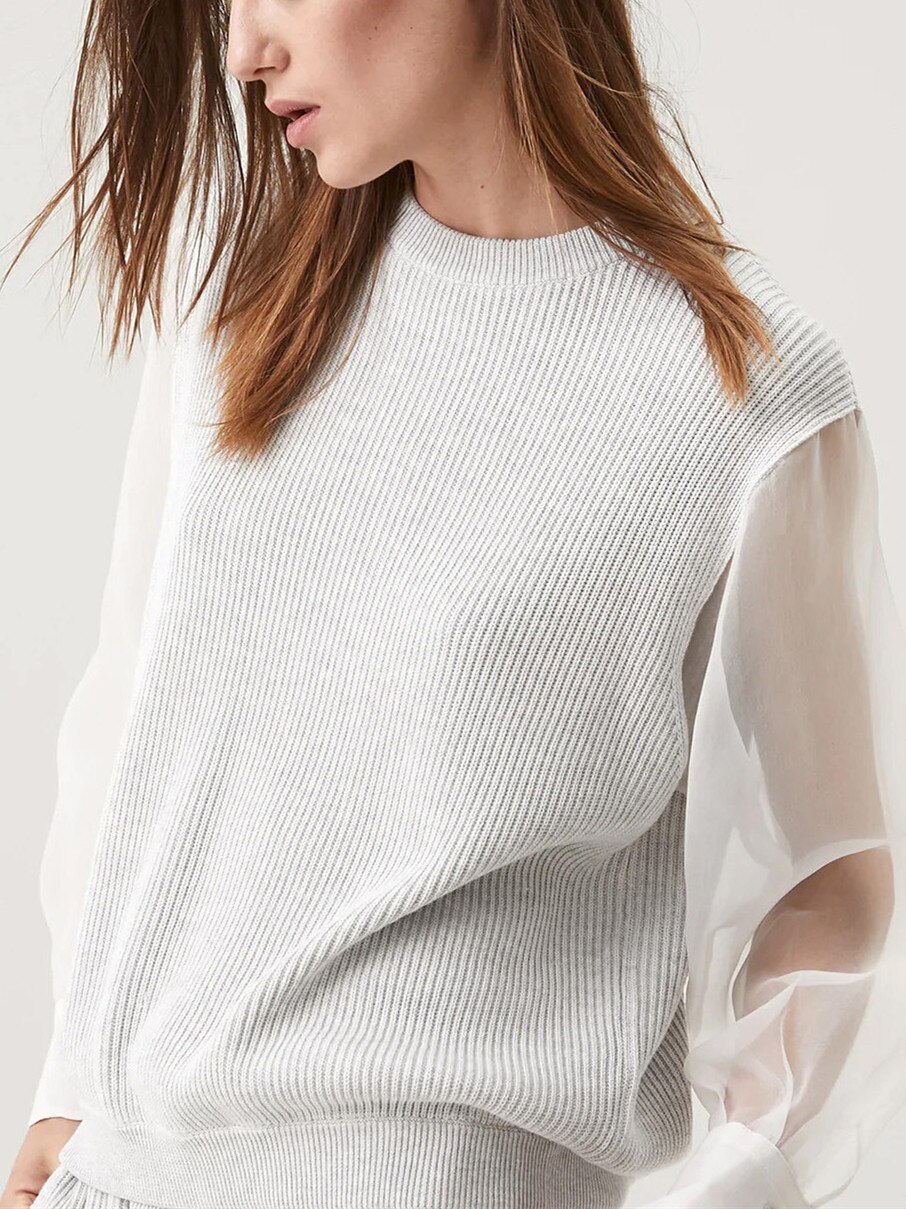 Women Mesh Stitching Knit Gray Set Ladies Long Sleeve O-neck Sweater Pullover or Elastic Waist Shorts