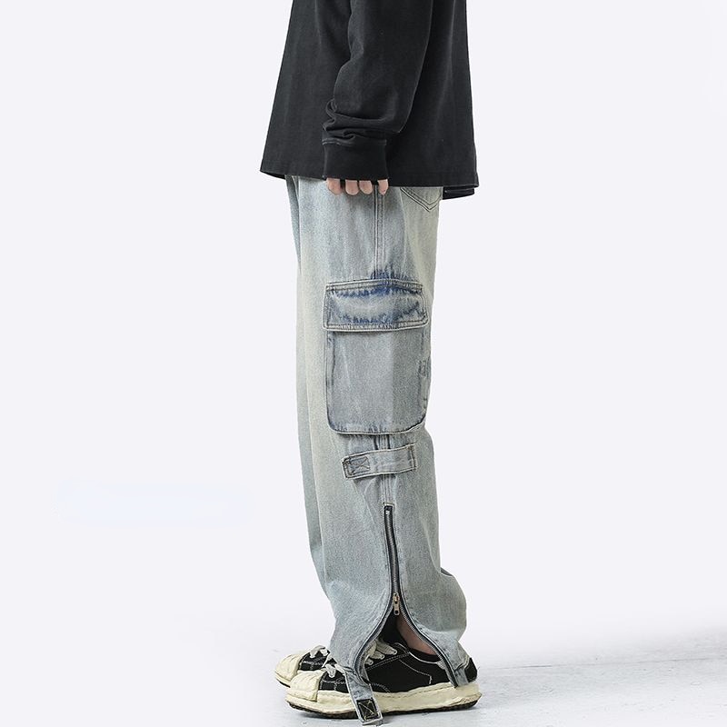 American retro jeans men and women zipper trousers large pockets high street overalls loose trousers comfortable wide leg pants