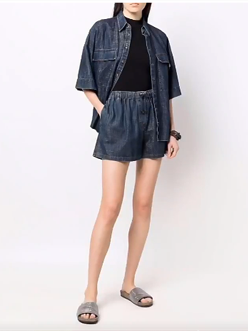 Women's Turn-Down Collar Denim Suit Bead Chain Denim Jacket and High Waist Elastic Lace-Up Shorts Lady Solid Color All-Match Set