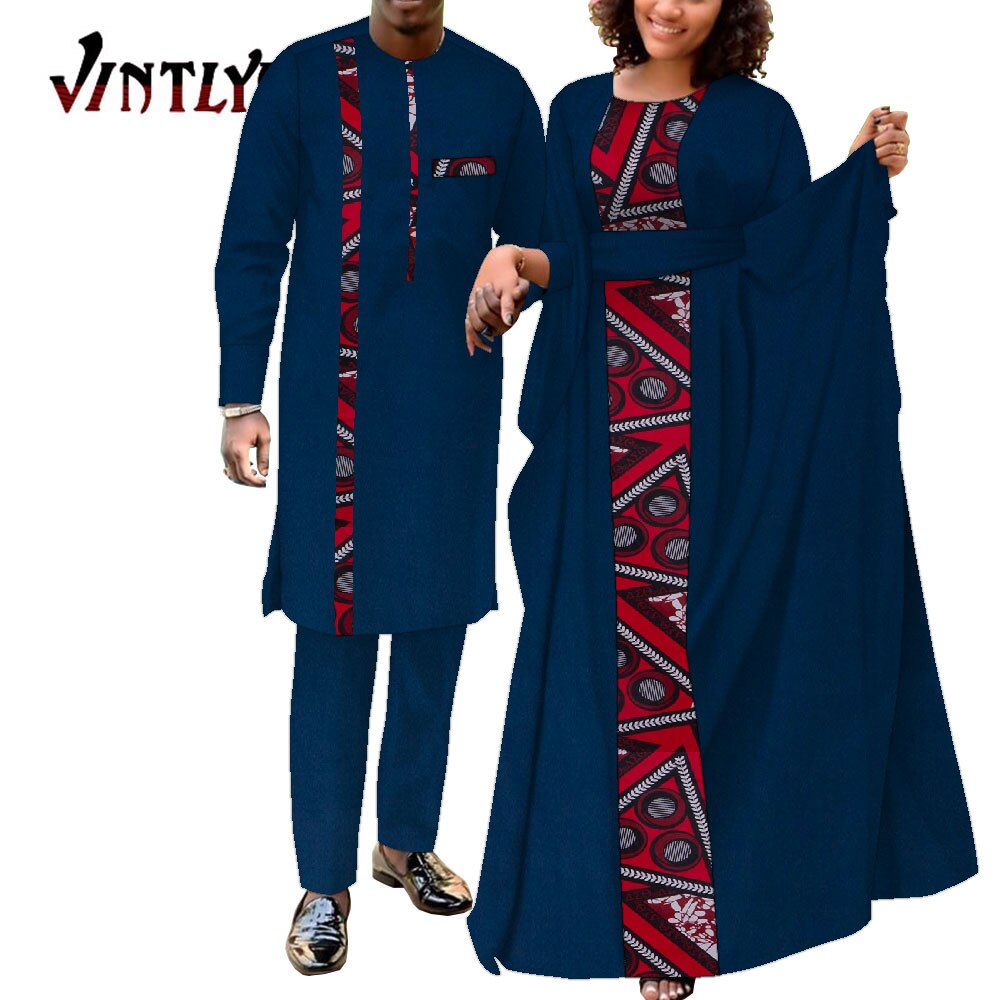 2 Pcs African Dresses for Women and Dashiki Men Suits Floral Print Couple Clothes Lovers Outfit Patchwork Robe Dress Wyq949