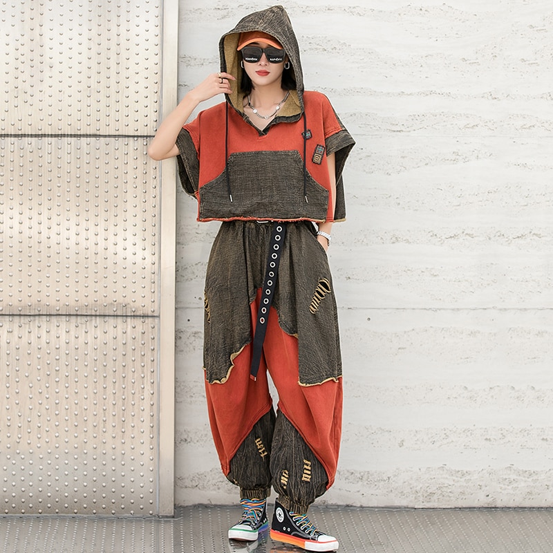 Women's Set Fashion Contrasting Color Stitching Hooded Suit 2022 Summer New Oversized Loose Personality Wide-leg Pants Two Sets