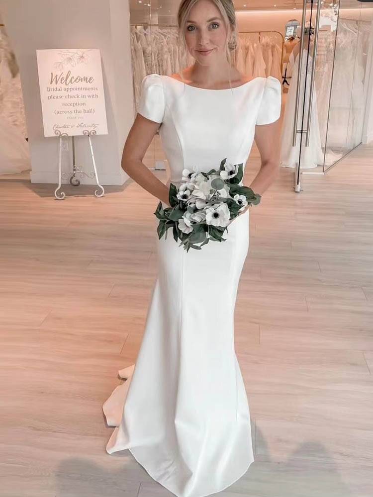 LaBoum Simple O-Neck Satin Wedding Dresses Short Sleeves Mermaid Bridal Gowns Backless With Bow Vestido De Novia Custom Made