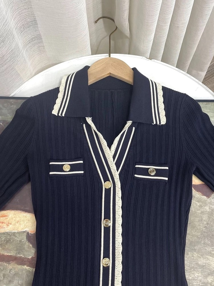 2022 France High-Quality Knitting Stripes Contrast V Neck Long Sleeve A-Line Dress Women Elegant Single-breasted Slim Long Dress