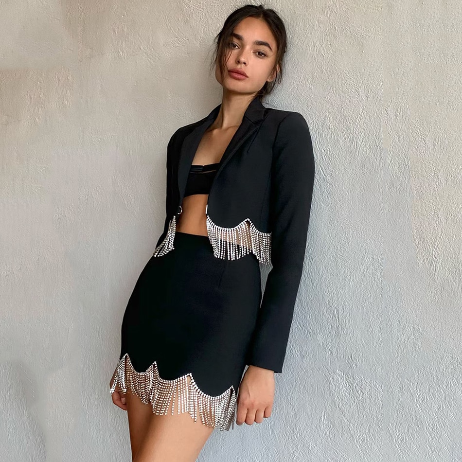 High-Quality Women'S Short Suit Jacket + Mini Skirt 2 Two-Piece Set Sexy Rhinestone Tassel High Waist Slim Set 2022 Autumn