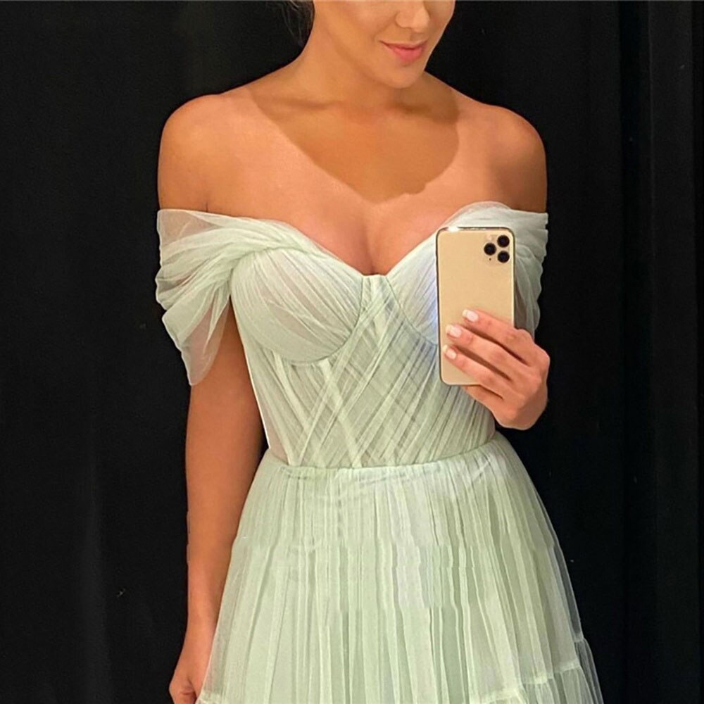 Light Green Prom Gown Tulle Long Prom Dress Pleats Off The Shoulder Plus Size Women Party Gown Tiered Evening Dress robe de bal