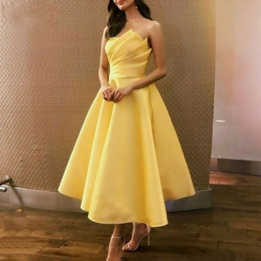 Yellow Short Strapless Prom Dresses 2022 A-Line Tea Length Pleated Satin Party Evening Gowns Robe Soirée Vestidos De Fieast