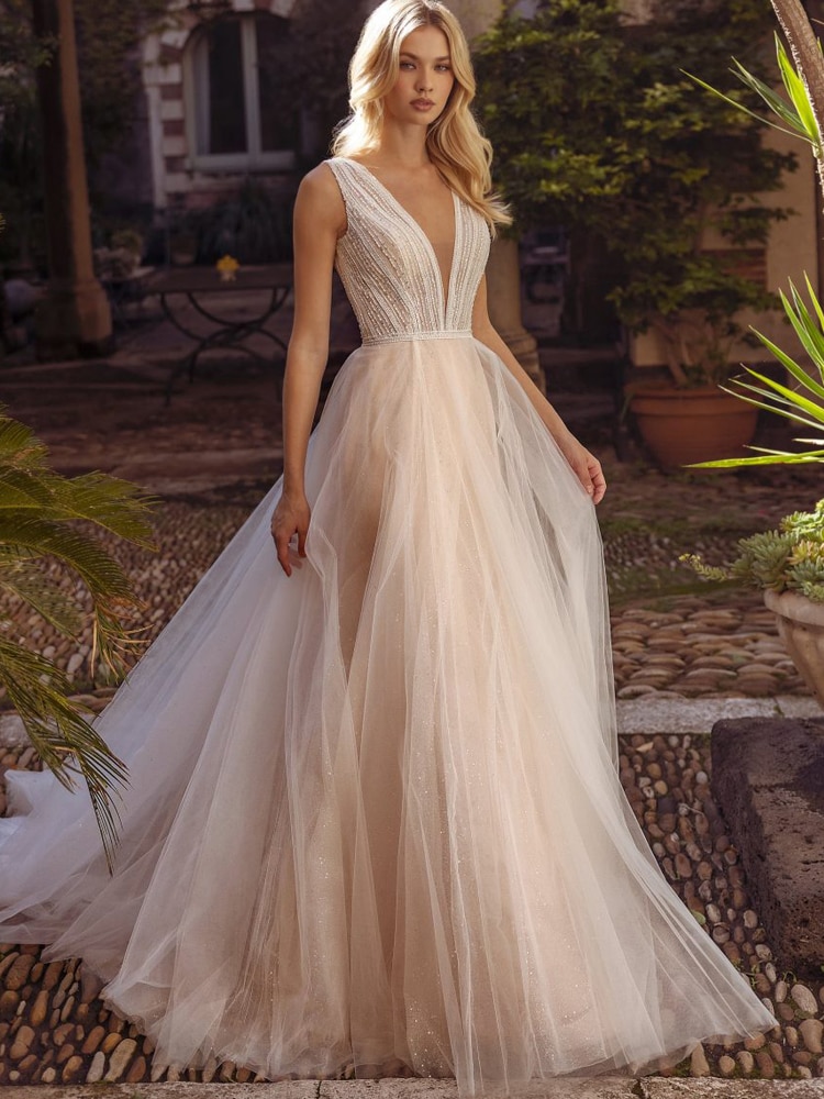 LaBoum Glitter V-Neck Tulle Wedding Dresses Beaded Sleeveless A-Line Bridal Gowns Modern V-Back Robe Mariage Femme Floor Length