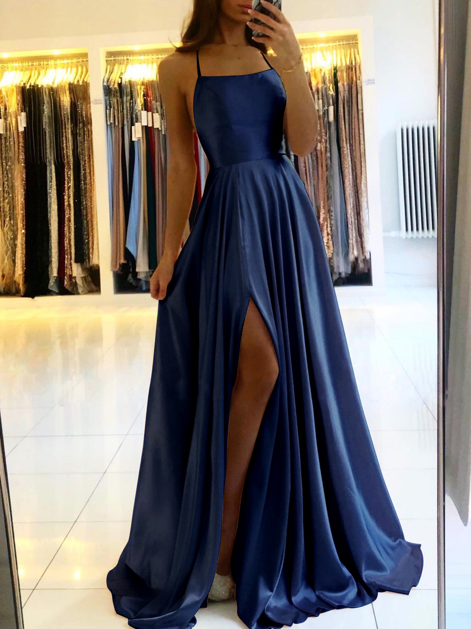Satin Long Evening Party Dress For Women Sexy High Split Vestido Navy Blue Soft Backless Prom Dresses Robe De Soiree