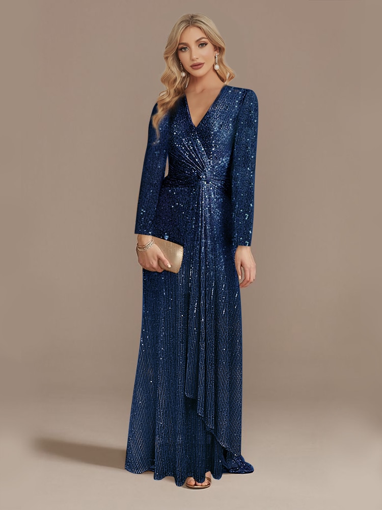 Lucyinlove Luxury Long Sleeve V-Neck Evening Dress 2022 Party Women Wedding Sequins For Female Guests Blue Prom Cocktail Dresses