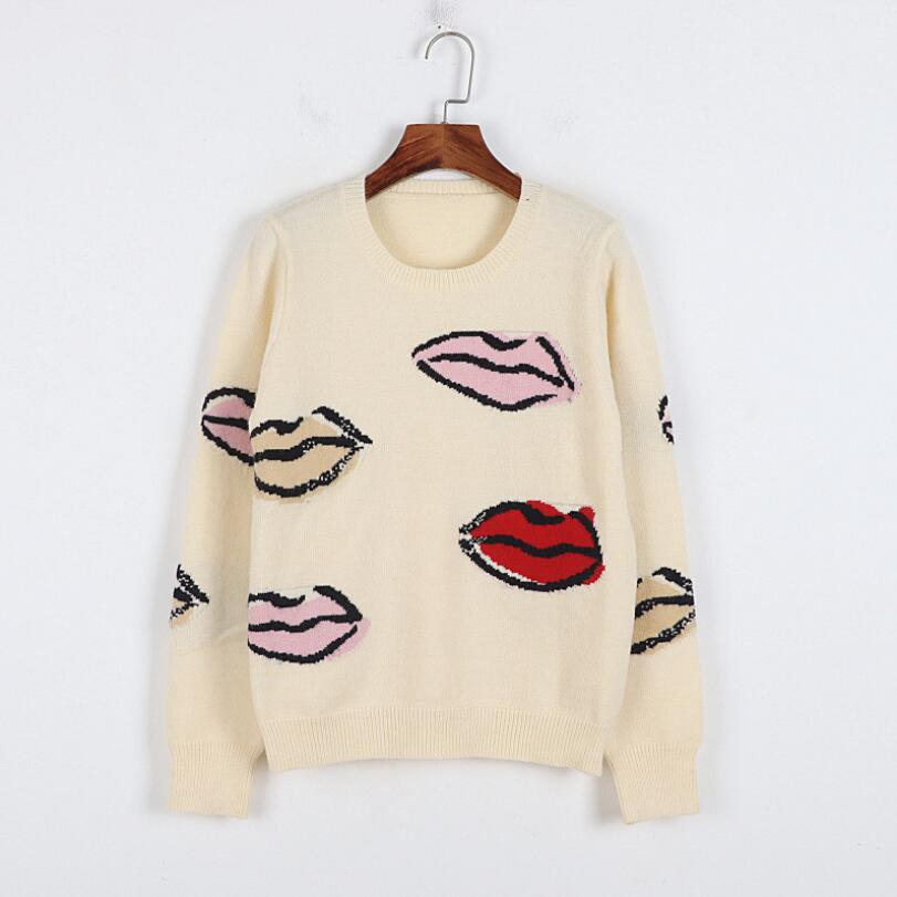 Vintage Sweaters Women 2021 Autumn Winter Lips Pattern Casual Long Sleeve Streetwear Knitted Pullovers Jumper Tops Clothing p396