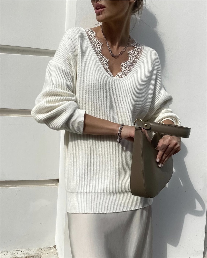 Soft Loose Knitted Sweater Women Autumn Winter New Lace V-neck  Basic Pullovers Female Casual Solid High Street Jumper