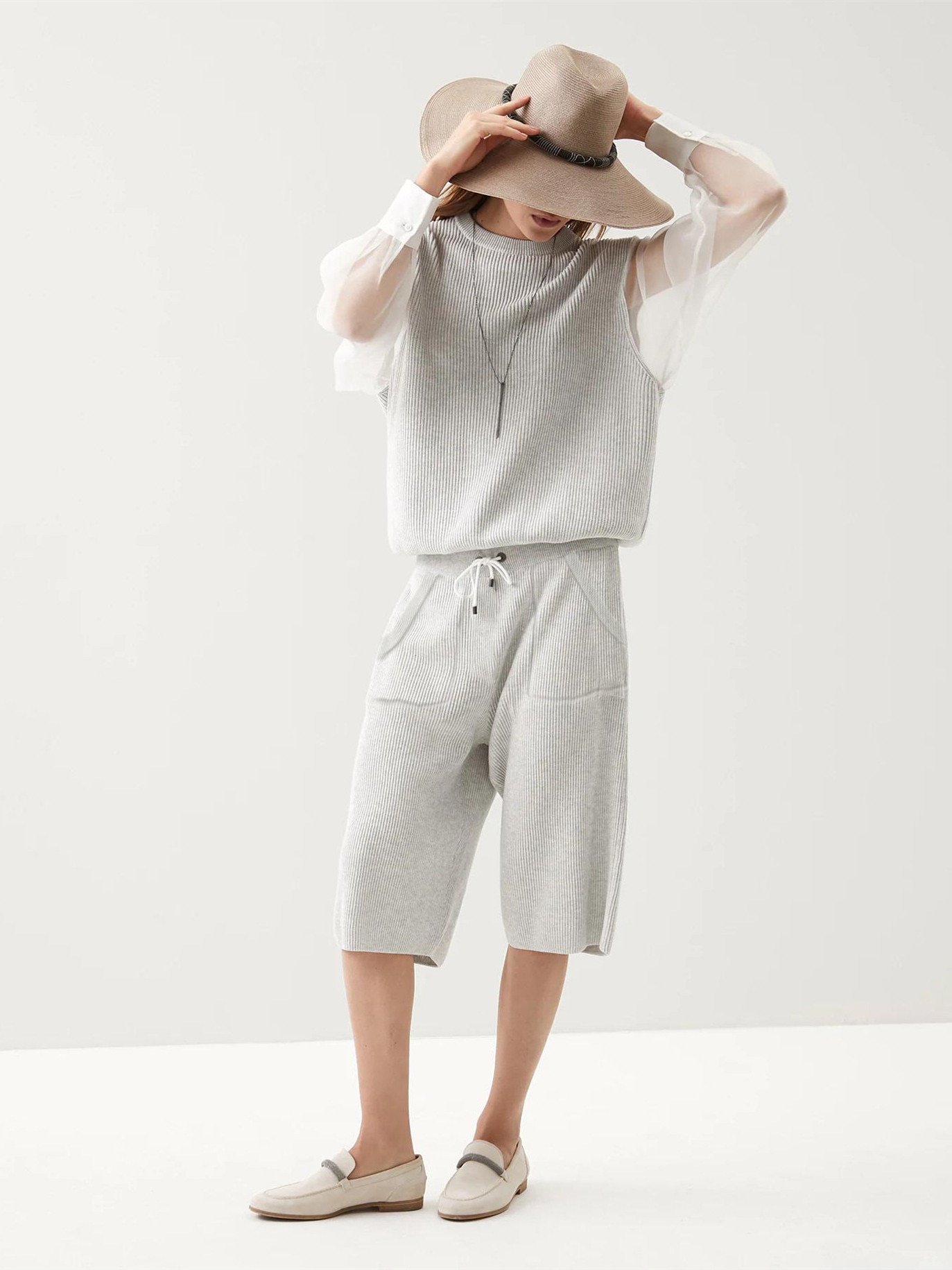 Women Mesh Stitching Knit Gray Set Ladies Long Sleeve O-neck Sweater Pullover or Elastic Waist Shorts