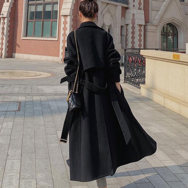 Fashion Elegant Black Woolen Coat 2022 Autumn And Winter New Loose Double-breasted Temperament Hepburn Long Red Overcoat Jacket