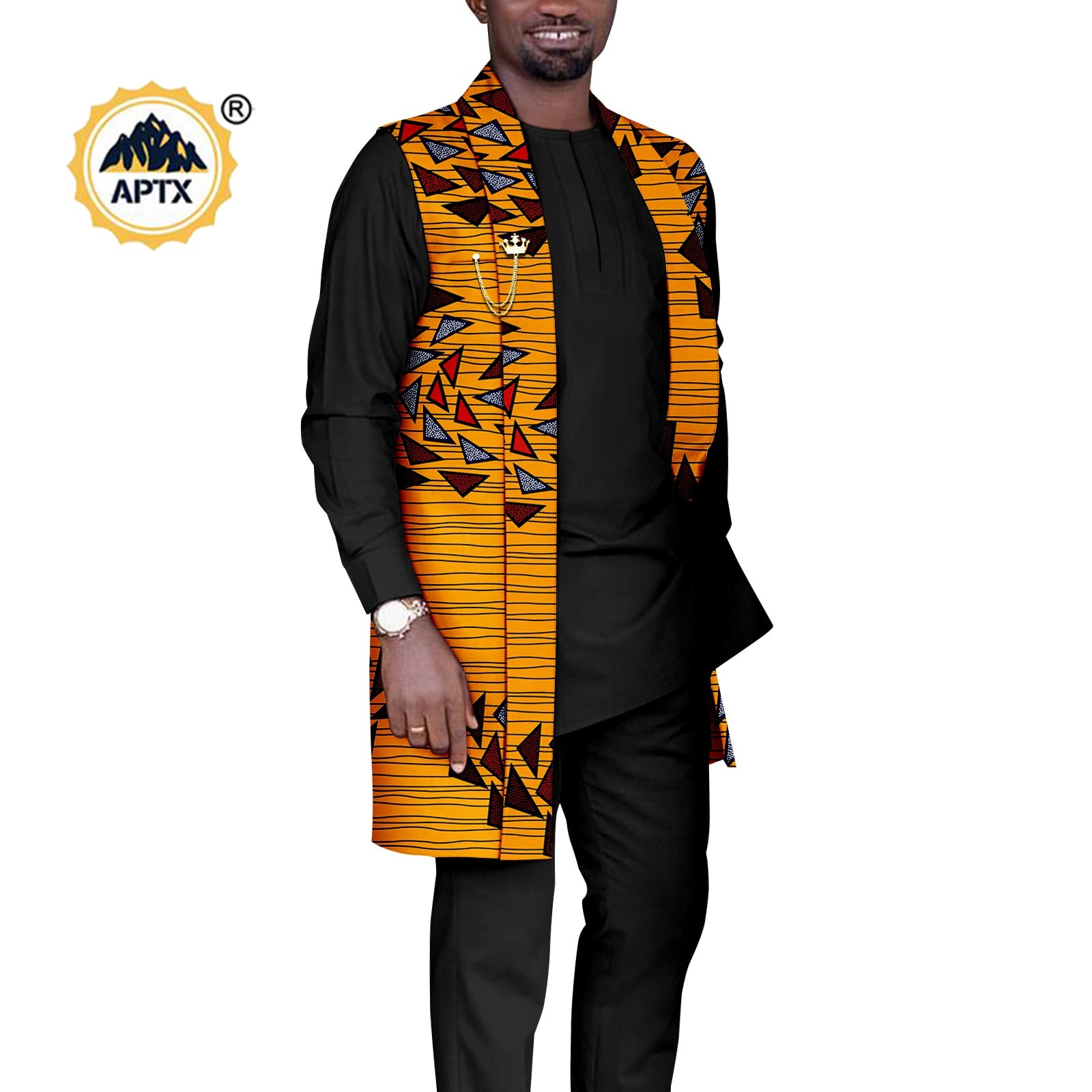 African Couples Outfits  Women Coat Long Jacket Match Men Vest + Top and Pants 3 Pieces Set With Pockets& Breastpin Y22C072