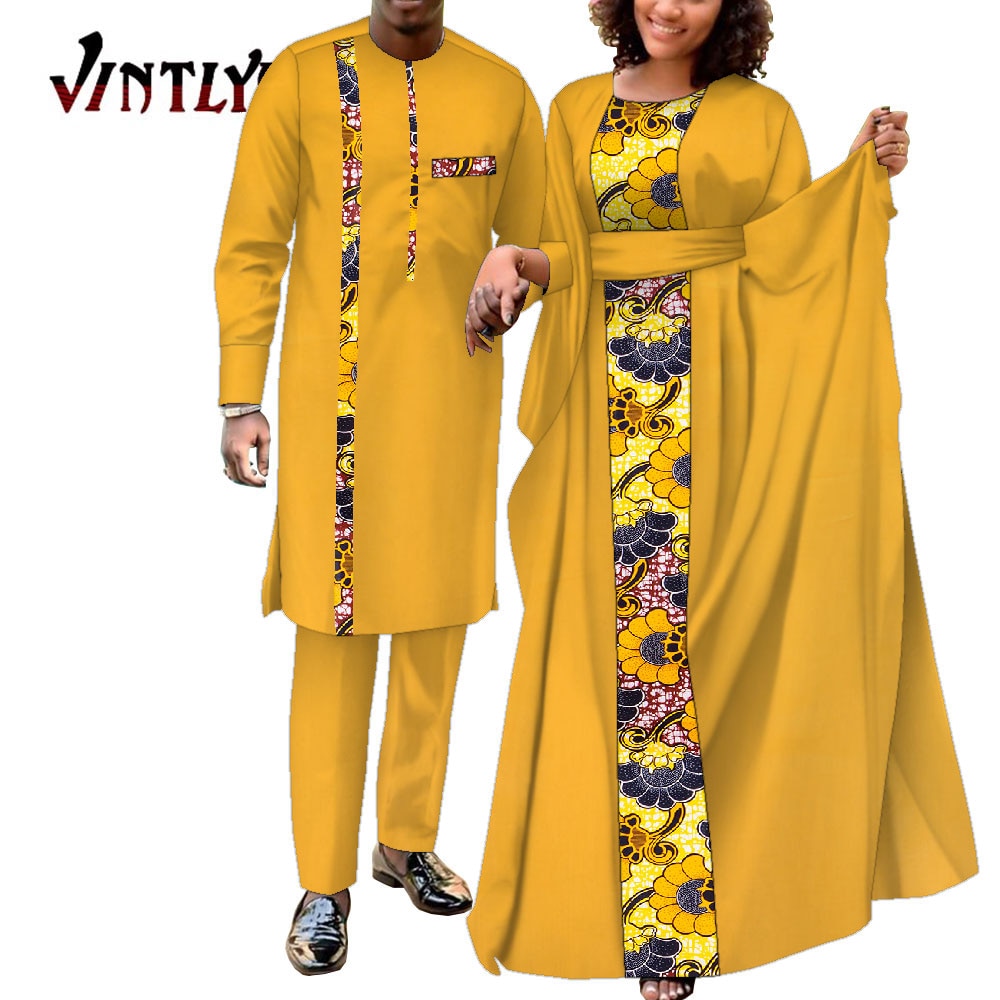 2 Pcs African Dresses for Women and Dashiki Men Suits Floral Print Couple Clothes Lovers Outfit Patchwork Robe Dress Wyq949