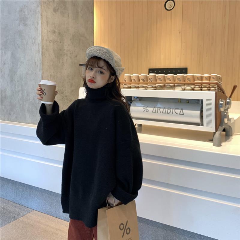 Thickened Solid Color High Collar Sweater Female Students Autumn Winter New Loose Head Set Hundred Open Knitted Sweater Jacket