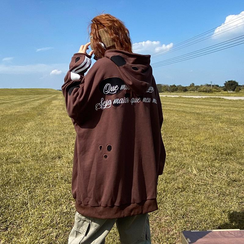 American retro street Y2K patch skull print hooded sweater sweatshirt men and women oversize niche high street jacket jacket ins