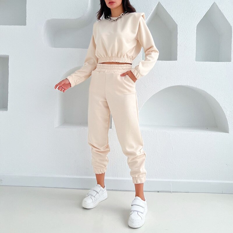 Autumn Winter tracksuit set women casual crop top and Elastic waist long pants two piece set Lady solid color pullover top set