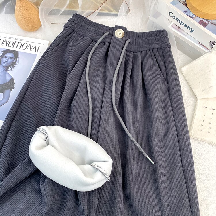 Yitimoky Wide Leg Pants Streetwear Women Thicken Warm Corduroy Elastic High Waist Techwear Autumn Winter 2022 Pink Drawstring