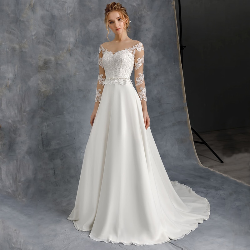 A-Line 3/4 Sleeve Wedding Dresses 2022  Robe De Mariee Custom Made Sheer O-Neck Lace Appliques Sweep Train Chiffon Long Civil