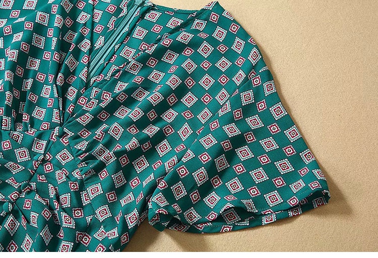 French Style Elegant Women V-neck Green Printed Dress Female's Casual Summer Midi Long Dresses Fashion Office Lady Dress