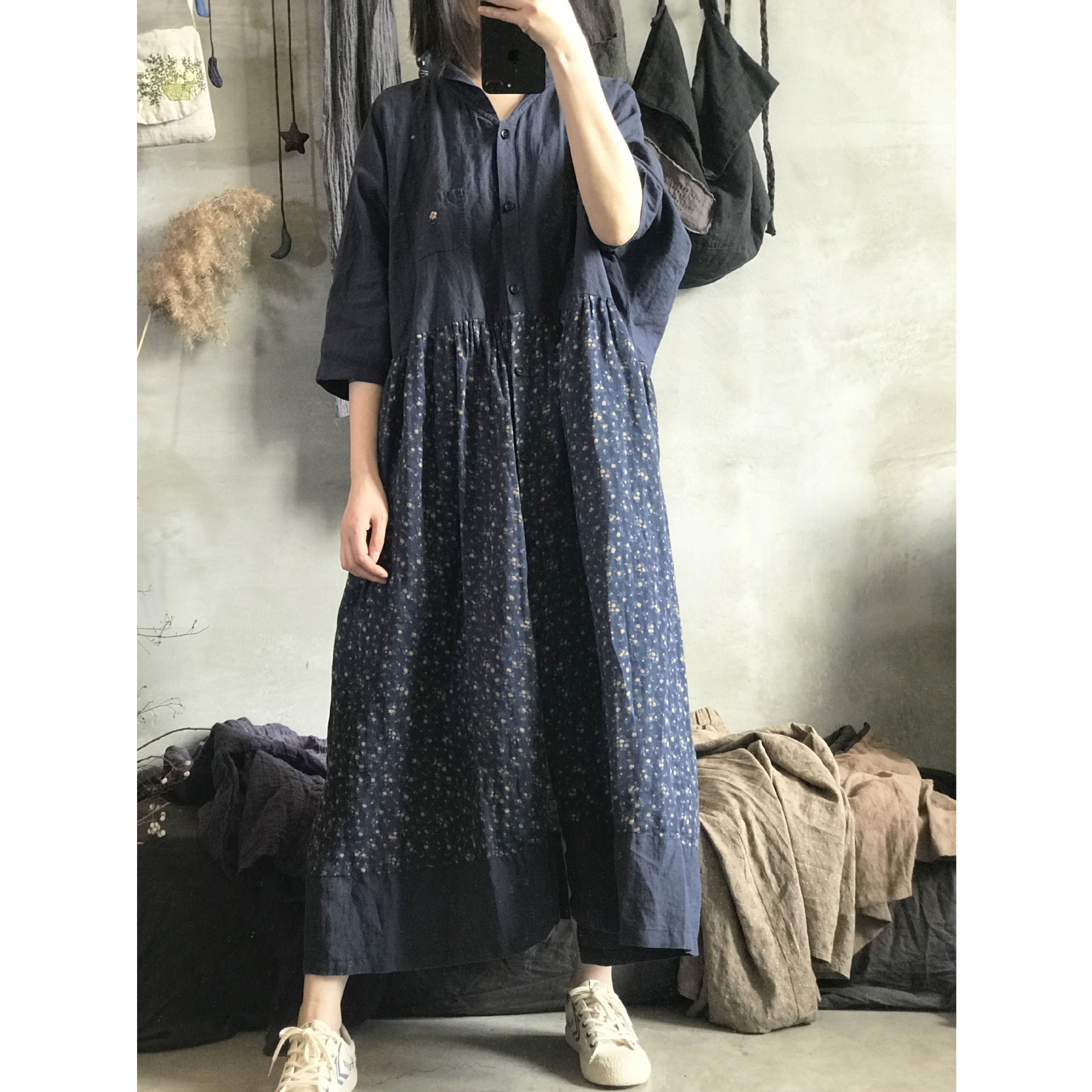 Women Linen Retro Patchwork Printed Dress Ladies Vintage Spliced Dress Female 2022 Spring Summer Dresses