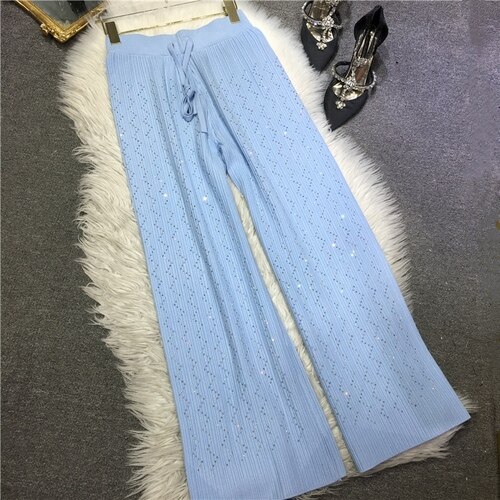 European Fashion Women's Knit Pants Heavy Embroidery Rhinestone Wide-Leg Pants Slimming Trousers High Waist Autumn Winter 2022
