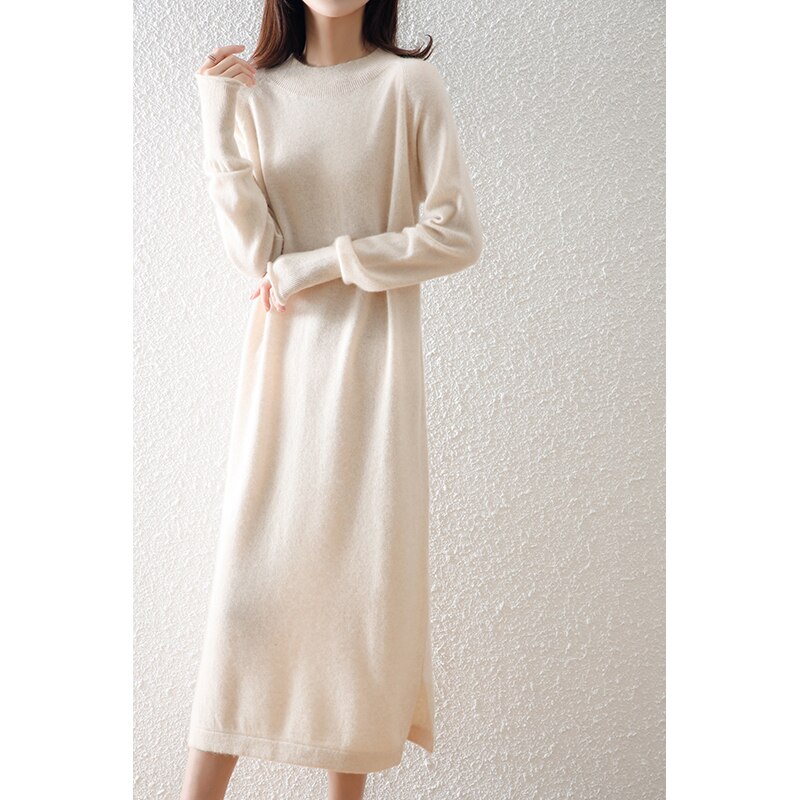 100% Pure Cashmere Knitted Women Dresses Elegante Dress Winter Soft Oneck Loose Jumpers Vestido Ladies Solid Long Sleeve Dress