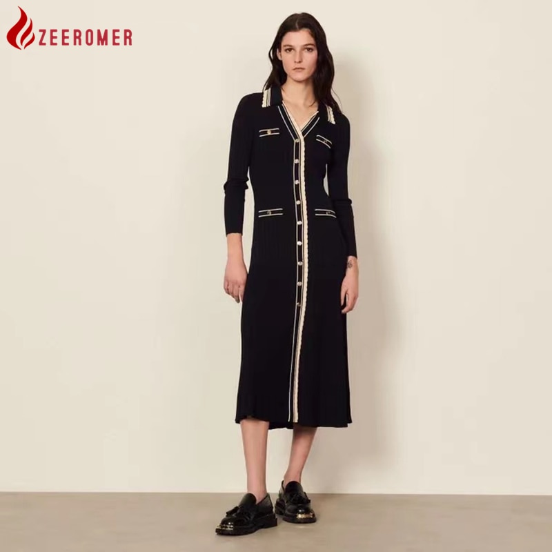 2022 France High-Quality Knitting Stripes Contrast V Neck Long Sleeve A-Line Dress Women Elegant Single-breasted Slim Long Dress