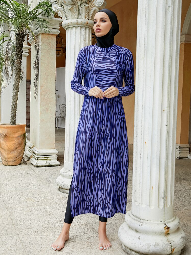Zebra Print Swimsuit Long Sleeve Blue Swimwear Hijab Women 3 Piece Set Muslim Swimwear Burkini Ladies Rashguard Surf Swimsuit
