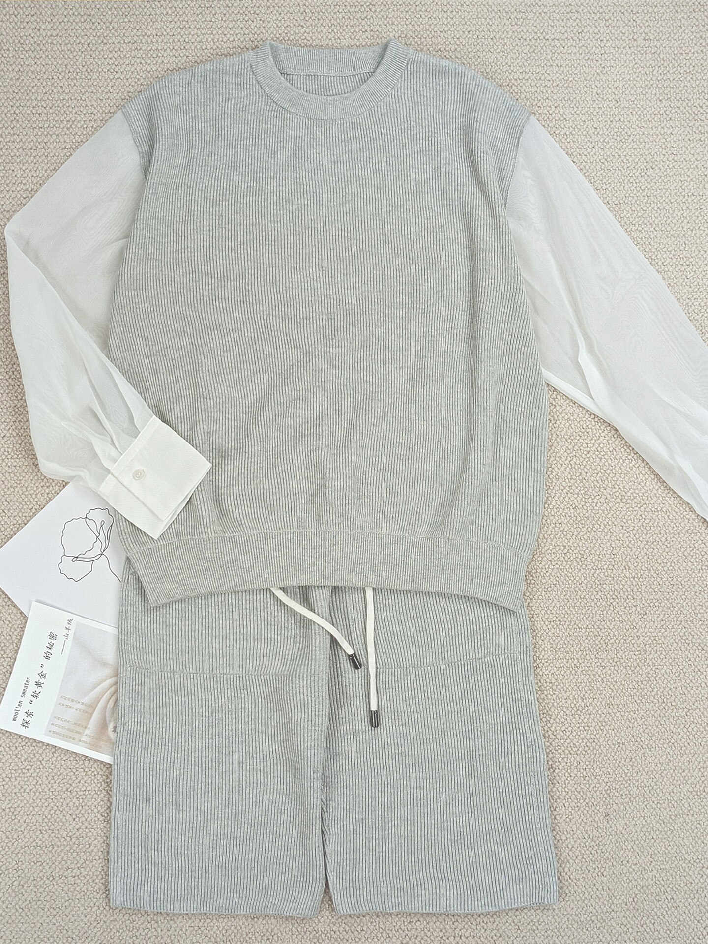 Women Mesh Stitching Knit Gray Set Ladies Long Sleeve O-neck Sweater Pullover or Elastic Waist Shorts