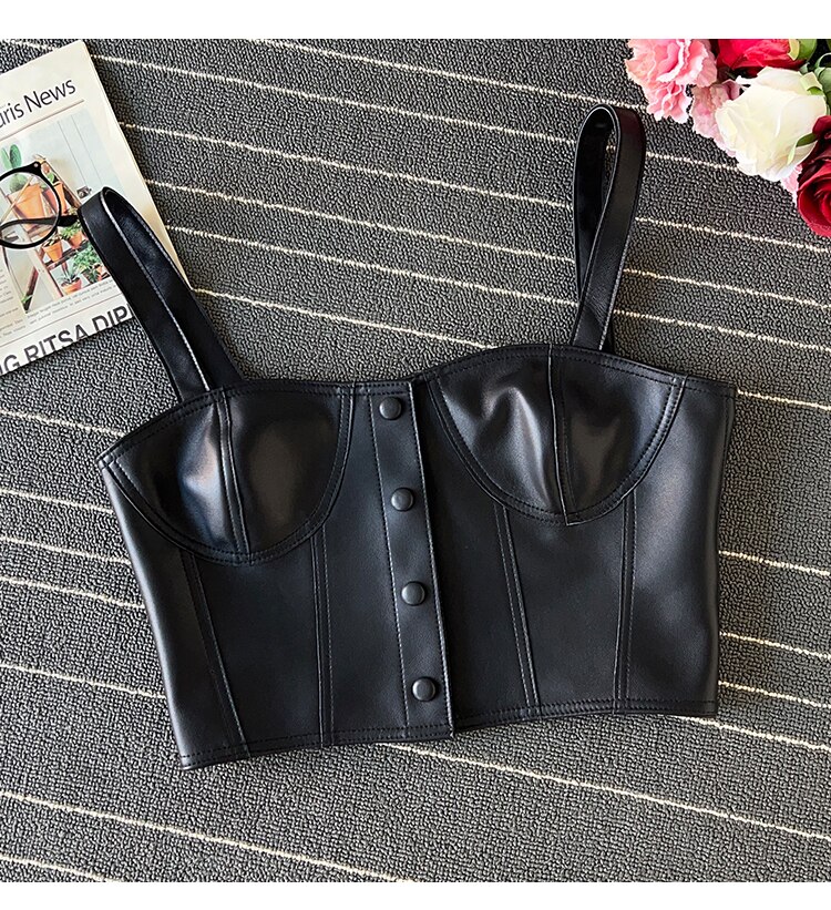 Europe Style All Season Chic Women's High Quality Genuine Leather Camisole Tank-top C585