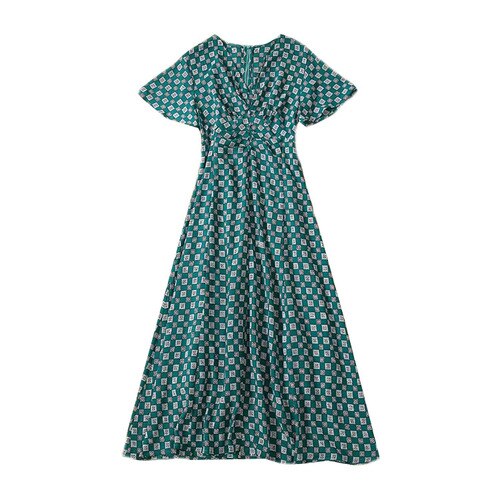 French Style Elegant Women V-neck Green Printed Dress Female's Casual Summer Midi Long Dresses Fashion Office Lady Dress