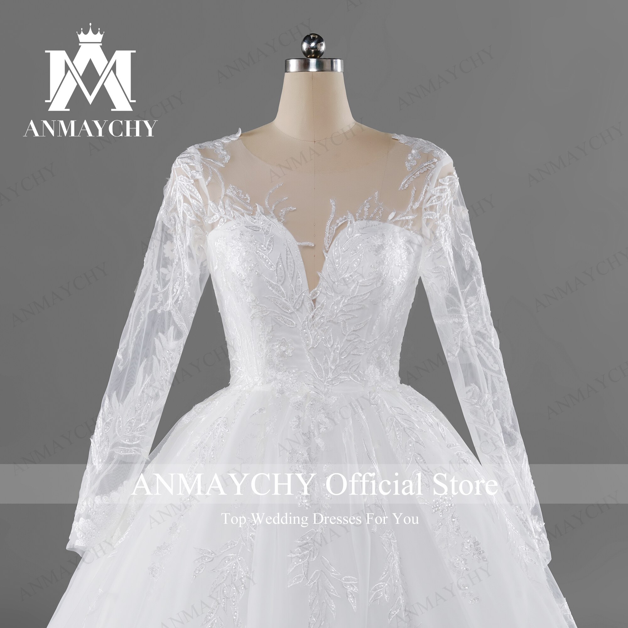 ANMAYCHY A-Line Wedding Dresses For Women 2022 Button Illusion Appliques Sweetheart  Long Sleeve Wedding Gowns Vestidos De Novia