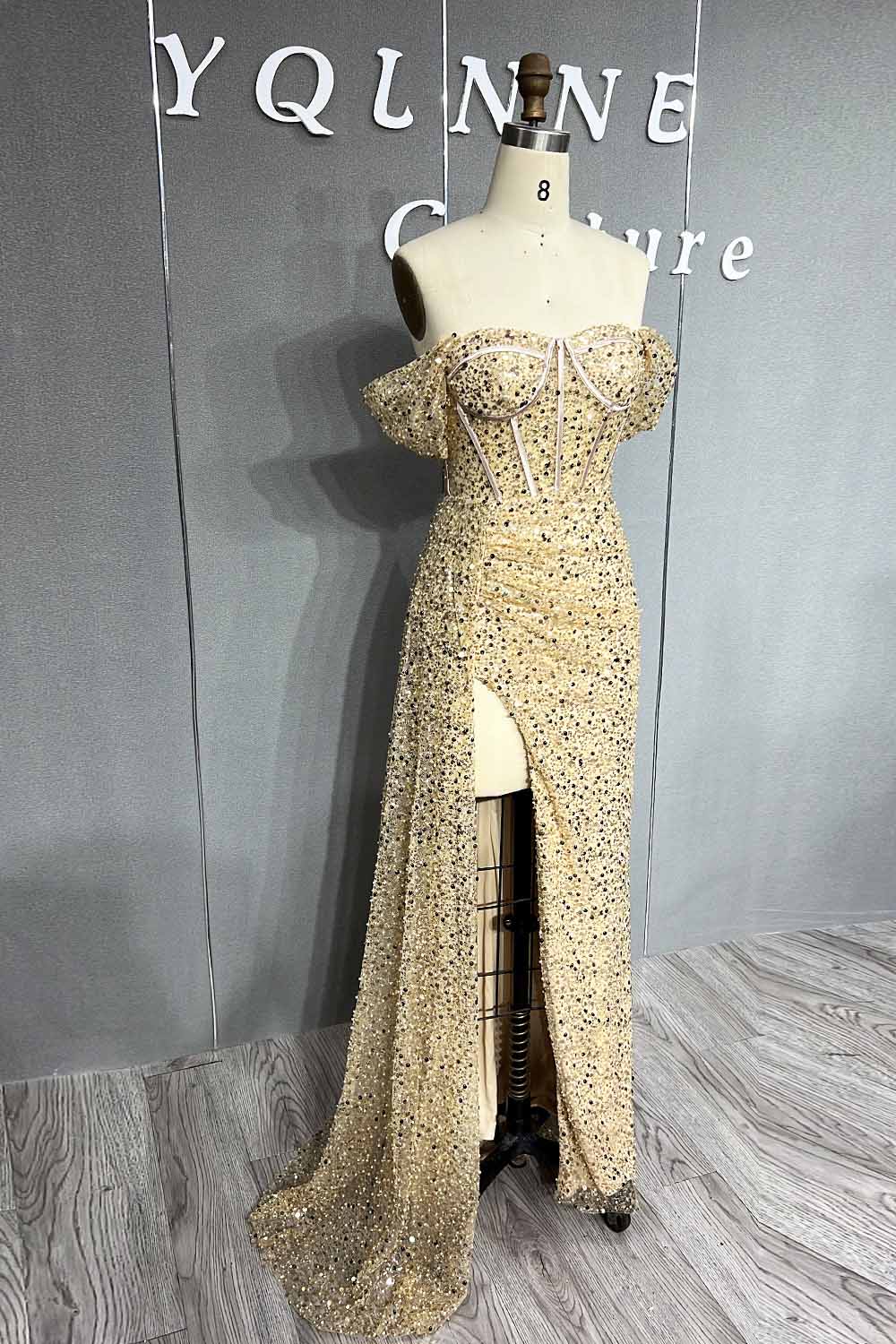 YQLNNE Sexy Slit Green Long Prom Dresses Off the Shoulder Sequins Beaded Back Zipper Formal Women Party Gown