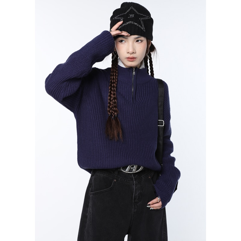 Women Navy Blue Sweater Fashion Vintage Leisure Lazy Wind Loose Winter Female Thicken Warm Long Sleeve Knitting Pullover