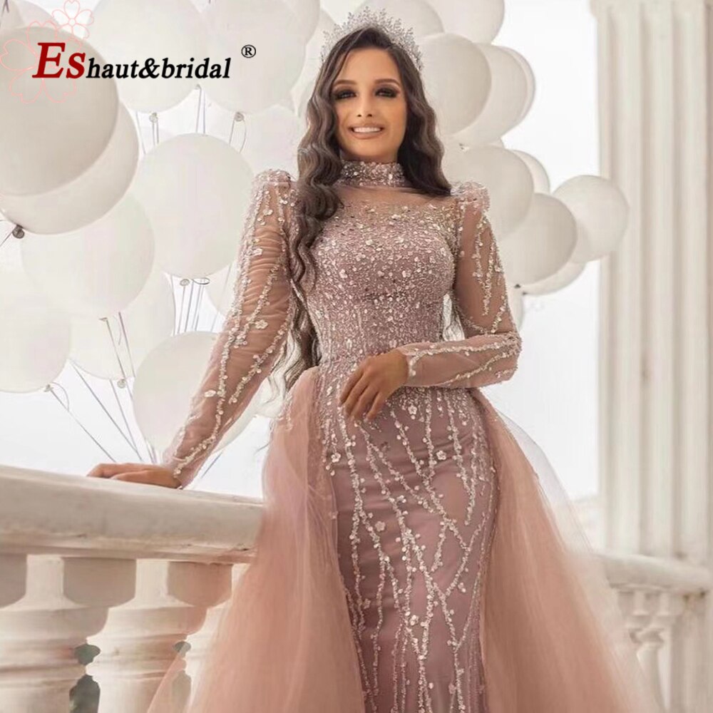 Elegant Pink Muslim Mermaid Evening Dress for Women 2022 Long Sleeves High Neck Beads Sequin Formal Prom Wedding Party Gowns